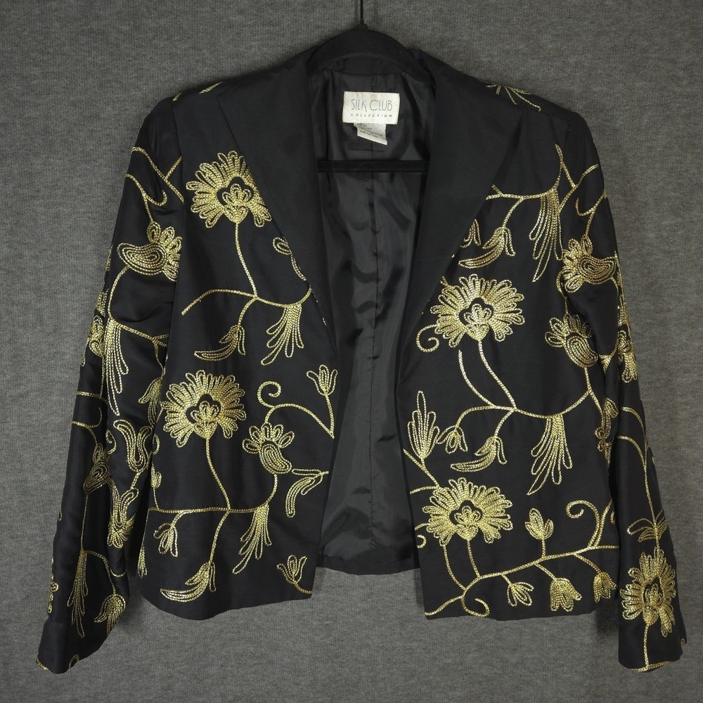 Vintage Silk Club Collection Silk Blazer S Black Gold Floral Embroidered Jacket